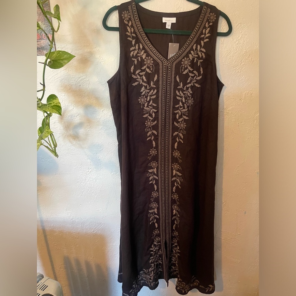 J.JILL Pure Jill Embroidered Dark Brown Sleeveless Dress - Picture 3 of 11